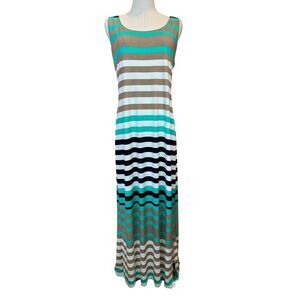 Jessica Howard NEW Size XL Sleeveless Striped Maxi Dress Turquoise, Black, Tan